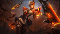Rule 34 | 1girl, absurdres, artist request, claw (weapon), claws, copyright request, crystal tail, dress, evelynn (league of legends), eyeshadow, flower, high noon (league of legends), high noon evelynn (league of legends), highres, lashers, league of legends, makeup, rose, thighhighs, tinted eyewear, weapon, white hair