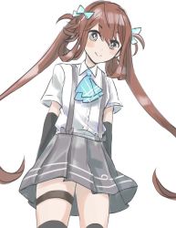 Rule 34 | 1girl, arm warmers, asagumo (kancolle), ascot, black thighhighs, blue ascot, brown hair, commentary request, from below, grey eyes, grey skirt, hair ribbon, kantai collection, long hair, looking at viewer, nikai kara momoshio, one-hour drawing challenge, pleated skirt, ribbon, shirt, simple background, skirt, smile, solo, suspender skirt, suspenders, thighhighs, twintails, white background, white shirt