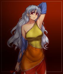 Rule 34 | 1girl, arm behind head, arm up, armpits, breasts, collarbone, commentary, detached sleeves, dress, earrings, hatchet, hater (hatater), highres, jewelry, large breasts, long hair, looking at viewer, mature female, multicolored clothes, multicolored dress, nata (tool), red eyes, sakata nemuno, silver hair, solo, touhou, wavy hair