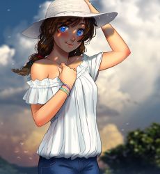 Rule 34 | 1girl, alternate hairstyle, bare shoulders, blouse, blue eyes, blush, bracelet, breasts, brooke (mleth), brown hair, commentary, denim, freckles, hat, highres, jeans, jewelry, lips, long hair, looking at viewer, low twintails, mleth, original, outdoors, pants, shirt, sleeveless, small breasts, smile, solo, standing, sun hat, twintails, upper body, white hat, white shirt