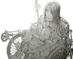 Rule 34 | 1boy, amputee, boots, eren yeager, eyepatch, filame (filamen0112), greyscale, half-closed eyes, highres, intravenous drip, long hair, monochrome, official alternate costume, on chair, shingeki no kyojin, solo, spoilers, wheelchair