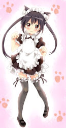Rule 34 | 00s, 1girl, alternate costume, animal ears, bad id, bad pixiv id, black hair, brown eyes, cat ears, clenched hand, clenched hands, enmaided, frilled thighhighs, frills, k-on!, long hair, maid, maid headdress, maruki (punchiki), nakano azusa, paw pose, solo, thighhighs, twintails