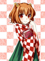 Rule 34 | 1girl, bell, book, hugging book, checkered background, hair bell, hair ornament, holding, holding book, japanese clothes, motoori kosuzu, hugging object, red eyes, red hair, smile, solo, touhou, twintails, two side up, wide sleeves, yuran (kuen-hien)