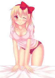 Rule 34 | 1girl, bad id, bad pixiv id, blonde hair, blush, breasts, highres, long hair, looking at viewer, no pants, nottytiffy, one eye closed, original, panties, polka dot, polka dot panties, red eyes, self-portrait, shirt, simple background, slit pupils, smile, solo, tiffy (nottytiffy), underwear, white background