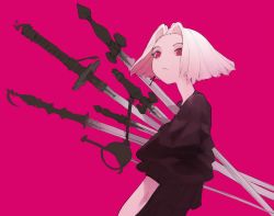 Rule 34 | 1girl, absurdres, black shirt, commentary, cross, cross earrings, earrings, english commentary, highres, jewelry, kisatsuki, looking at viewer, multiple swords, original, pink background, pink eyes, shirt, short hair, simple background, single earring, solo, sword, weapon, white hair