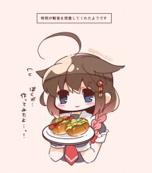 Rule 34 | 1girl, ahoge, black gloves, black serafuku, black shirt, bloom2425, blue eyes, braid, bread, brown hair, chibi, commentary request, flying sweatdrops, food, gloves, grey hair, hair flaps, hair over shoulder, highres, holding, hot dog, kantai collection, long hair, neckerchief, one-hour drawing challenge, pink background, plate, red neckerchief, sailor collar, sausage, school uniform, serafuku, shigure (kancolle), shigure kai ni (kancolle), shirt, simple background, single braid, smile, solo, translation request, upper body, white sailor collar