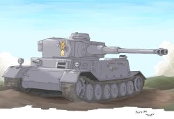 Rule 34 | absurdres, artist request, axe, caterpillar tracks, cloud, commentary request, day, emblem, english text, girls und panzer, highres, hill, military, military vehicle, motor vehicle, no humans, shovel, sky, tank, tiger (p), vehicle focus
