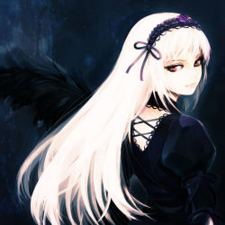Rule 34 | 00s, 1girl, absurdres, dress, gothic lolita, hairband, highres, hironox, lips, lolita fashion, long hair, looking back, red eyes, rozen maiden, solo, suigintou, white hair, wings