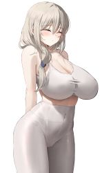 Rule 34 | 1girl, absurdres, arms behind back, bare shoulders, blush, breasts, cameltoe, cleavage, closed eyes, covered navel, grey hair, hair over shoulder, high-waist pants, highres, huge breasts, k pring, long hair, mature female, pants, sagging breasts, sports bra, standing, unfinished, uzaki-chan wa asobitai!, uzaki tsuki, white background, white pants, yoga pants