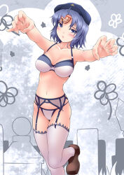 Rule 34 | 1girl, :o, archived source, blue bra, blue eyes, blue hair, blush, bra, breasts, brown footwear, foot out of frame, garter belt, gisyo, graveyard, half-closed eyes, hat, hat ornament, jiangshi, large breasts, looking at viewer, miyako yoshika, ofuda, ofuda on head, open mouth, outstretched arms, panties, shoes, short hair, solo, standing, standing on one leg, star (symbol), star hat ornament, thighhighs, tombstone, touhou, two-tone bra, underwear, variant set, white bra, white panties, white thighhighs, zombie pose