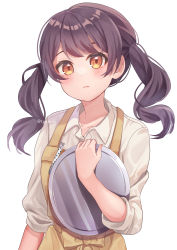 Rule 34 | 1girl, absurdres, apron, bad id, bad pixiv id, bang dream!, barista, black hair, blush, brown apron, closed mouth, collared shirt, dress shirt, eyebrows hidden by hair, futaba tsukushi, highres, holding, holding tray, looking at viewer, medium hair, orange eyes, pen, purple hair, shirt, short twintails, sidelocks, simple background, sleeves rolled up, solo, standing, tgxmiki, tray, twintails, twitter username, upper body, waitress, white background, white shirt, wing collar