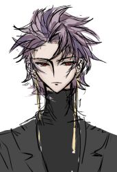 Rule 34 | 1boy, black sweater, chinese commentary, commentary request, earrings, frown, grey jacket, highres, jacket, jewelry, male focus, open clothes, open jacket, portrait, purple hair, red eyes, saibou shinkyoku, short hair, simple background, sketch, solo, sweater, theodore riddle, turtleneck, turtleneck sweater, white background, wuwang lanxia