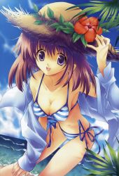 Rule 34 | 1girl, :d, absurdres, ariko youichi, arm up, beach, bent over, bikini, breasts, cleavage, cloud, day, flower, hand on headwear, hat, hat flower, hibiscus, highres, medium breasts, navel, ocean, open mouth, outdoors, purple eyes, purple hair, short hair, side-tie bikini bottom, sky, smile, solo, straw hat, striped bikini, striped clothes, swimsuit, water, waves