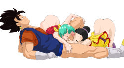 Rule 34 | 1boy, 2girls, aqua hair, ass, bent over, black hair, bulma, cai, chi-chi (dragon ball), closed eyes, cooperative fellatio, dragon ball, dragonball z, earrings, fellatio, fusion, hetero, highres, hip focus, jewelry, masturbation, multiple girls, muscular, no panties, oral, penis, short hair, simple background, smile, source request, uncensored, vegetto, white background