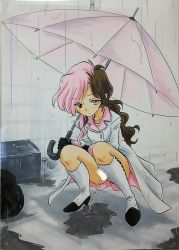 Rule 34 | 1girl, alley, ashigaki radar, black gloves, blush, boots, breasts, brown eyes, brown hair, censored, collarbone, gloves, heterochromia, high heels, highres, holding, jacket, jewelry, long hair, long sleeves, looking down, multicolored hair, necklace, neo politan, no panties, peeing, pink eyes, pink hair, puddle, pussy, rain, roosterteeth, rwby, small breasts, squatting, two-tone hair, umbrella, wall, white footwear, white jacket