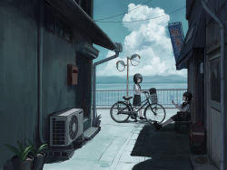 Rule 34 | 2girls, bag, bicycle, bicycle basket, black eyes, black hair, black sailor collar, black skirt, breasts, building, closed mouth, cloud, cloudy sky, commentary request, day, doorway, food, grey shirt, hands up, highres, holding, holding food, industrial pipe, leaf, looking at another, multiple girls, neckerchief, ocean, original, outdoors, plant, pleated skirt, popsicle, potted plant, power lines, pushing bicycle, railing, red neckerchief, sailor collar, sakiika0513, scenery, school bag, school uniform, serafuku, shade, shirt, short hair, short sleeves, sign, sitting, skirt, sky, small breasts, smile, standing, stool, traffic mirror, wide shot