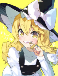 Rule 34 | 1girl, bad id, bad twitter id, black hat, black vest, blonde hair, blush, bow, braid, commentary request, grin, hair between eyes, hair bow, hand up, hat, hat bow, holding, kirisame marisa, long hair, long sleeves, looking at viewer, mouth hold, one-hour drawing challenge, shirt, simple background, single braid, smile, solo, syuri22, teeth hold, touhou, upper body, vest, white bow, white shirt, witch hat, yellow background, yellow eyes