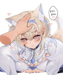 Rule 34 | 1girl, absurdres, animal ear fluff, animal ears, belt collar, black collar, black jacket, blonde hair, blue hair, blue nails, blush, breasts, cleavage, cleavage cutout, clothing cutout, collar, dog ears, dog girl, dog tail, dress, fur-trimmed jacket, fur trim, fuwawa abyssgard, fuwawa abyssgard (1st costume), headpat, heart, heart-shaped pupils, highres, hololive, hololive english, jacket, keisea, large breasts, long hair, looking at viewer, multicolored hair, nail polish, pink eyes, sidelocks, smile, solo, spiked collar, spikes, streaked hair, symbol-shaped pupils, tail, two side up, virtual youtuber, white background, white dress
