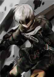 Rule 34 | 1boy, artist name, blindfold, choker, dual wielding, fighting stance, gloves, hachiimi, highres, holding, holding sword, holding weapon, katana, knees, lips, male focus, motion blur, nier (series), nier:automata, pale skin, patterned clothing, short hair, shorts, smile, solo, sword, text focus, weapon, white hair, 9s (nier:automata)