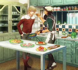 Rule 34 | 10s, 2boys, apron, barnaby brooks jr., belt, blonde hair, blush, boots, brown hair, cabbage, cabbie hat, carrot, chopsticks, cooking, eating, facial hair, feeding, food, fruit, glasses, green eyes, hat, jacket, kaburagi t. kotetsu, kitchen, male focus, meat, multiple boys, necktie, okojo (qqww), pasta, red jacket, short hair, spaghetti, stubble, studded belt, tiger &amp; bunny, watch, wristwatch