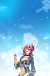 Rule 34 | azumishard, bird, blue sky, blush, breasts, cleavage cutout, closed eyes, clothing cutout, cloud, coat, commentary, contrail, double-parted bangs, eiyuu densetsu, english commentary, english text, grin, hair between eyes, highres, large breasts, lipstick, makeup, pink hair, pointing, pointing up, sara valestein, sen no kiseki, sen no kiseki iii, sky, smile