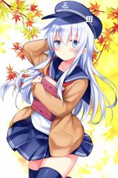 Rule 34 | 10s, 1girl, arm up, autumn leaves, blue eyes, blue hair, blue skirt, blush, book, cardigan, cowboy shot, flat cap, hair between eyes, hand in own hair, hat, hibiki (kancolle), highres, holding, holding book, kantai collection, leaf, long hair, looking at viewer, maple leaf, motohara moka, neckerchief, open cardigan, open clothes, parted lips, pleated skirt, red neckerchief, school uniform, serafuku, sidelocks, skirt, solo, thighhighs, thighs