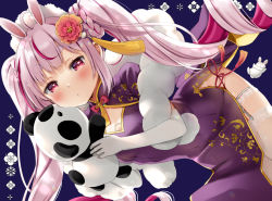 Rule 34 | 1girl, :t, ahoge, animal ears, blue background, braid, breasts, chinese clothes, closed mouth, commentary, dress, elbow gloves, gloves, holding, holding stuffed toy, lace, lace-trimmed legwear, lace trim, long hair, looking at viewer, multicolored hair, natsume eri, pink hair, purple dress, rabbit ears, red eyes, red hair, short eyebrows, short sleeves, simple background, small breasts, solo, streaked hair, stuffed animal, stuffed panda, stuffed toy, symbol-only commentary, thick eyebrows, thighhighs, tomari mari, tomari mari channel, two-tone hair, very long hair, virtual youtuber, white gloves, white thighhighs