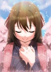 Rule 34 | 1girl, aqua eyes, artist name, artist request, blue eyes, blue kimono, blue sky, blush, bow, branch, breasts, brown hair, capelet, closed eyes, cloud, day, female focus, fingers together, flower print, hair between eyes, hair bow, highres, japanese clothes, kimono, long hair, looking at viewer, love live!, love live! nijigasaki high school idol club, osaka shizuku, outdoors, own hands together, parted lips, pink capelet, ponytail, praying, red bow, sky, smile, solo, striped clothes, striped kimono, tree, upper body, vertical-striped clothes, vertical-striped kimono