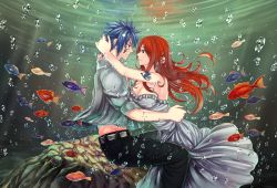 Rule 34 | 1boy, 1girl, belt, blue hair, breasts, brown eyes, bubble, dress, erza scarlet, eye contact, fairy tail, fish, from side, grey dress, groin, hetero, highres, hug, jellal fernandes, large breasts, leonstar, long hair, looking at another, red hair, spiked hair, strapless, strapless dress, tattoo, underwater