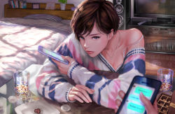 Rule 34 | 1girl, absurdres, bed, bedroom, blue eyes, bra, bra peek, bra strap, brown hair, candy, cellphone, cellphone photo, chocolate, chocolate heart, commentary request, cup, drinking glass, earrings, food, heart, highres, holding, holding phone, jewelry, lips, looking at viewer, maeko (pixiv17012595), necklace, nose, off shoulder, original, phone, pov, pov hands, revision, short hair, sleeves past wrists, smartphone, solo focus, sweater, table, television, text messaging, translated, underwear
