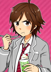 Rule 34 | 10s, 1boy, amagase touma, bad id, bad pixiv id, brown eyes, brown hair, cherry, eating, food, food on face, fruit, hanatsuka, holding, holding spoon, ice cream, ice cream float, idolmaster, idolmaster (classic), idolmaster 2, looking at viewer, male focus, necktie, school uniform, serious, short hair, solo, spoon