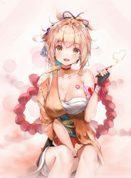 Rule 34 | 1girl, arm tattoo, bandaged arm, bandaged leg, bandages, between legs, blonde hair, breast tattoo, breasts, chest tattoo, choker, cleavage, collarbone, commentary request, cowboy shot, fingerless gloves, fireworks, flower tattoo, genshin impact, gloves, hadanugi dousa, hand between legs, highres, holding sparkler, japanese clothes, kimono, large breasts, legs together, looking at viewer, medium hair, open clothes, open kimono, open mouth, orange kimono, pink background, red choker, rope, sarashi, scup, shimenawa, short sleeves, single fingerless glove, sitting, smile, solo, sparkler, tattoo, vision (genshin impact), yellow eyes, yoimiya (genshin impact)