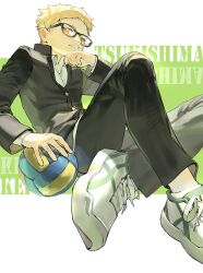 Rule 34 | 1boy, absurdres, bespectacled, blonde hair, character name, chi chi3939, closed mouth, gakuran, glasses, haikyuu!!, highres, male focus, school uniform, shoes, sneakers, solo, tsukishima kei, volleyball, yellow eyes