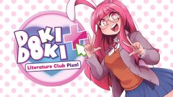 Rule 34 | 1girl, animal ears, blunt bangs, blush, character request, copyright name, doki doki literature club, double v, freckles, glasses, highres, indie virtual youtuber, long hair, long sleeves, looking at viewer, open mouth, pink hair, rabbit ears, rabbit girl, rabbit tail, red eyes, round eyewear, ryou sakai, smile, solo, tail, teeth, upper teeth only, v, virtual youtuber