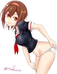 Rule 34 | 10s, 1girl, bad id, bad pixiv id, bent over, black serafuku, brown hair, closed mouth, cowboy shot, franz (217franz), from side, hairband, head tilt, highres, kantai collection, light smile, looking at viewer, neckerchief, no pants, orange eyes, orange hairband, panties, panty pull, red neckerchief, school uniform, serafuku, shiratsuyu (kancolle), short hair, short sleeves, simple background, solo, standing, twitter username, underwear, white background, white panties
