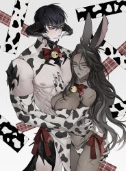 Rule 34 | 1boy, 1girl, abs, absurdres, animal costume, animal ears, animal print, armor, au ra, bell, bikini, black hair, blue eyes, blush, bosssama, bow, bowtie, breasts, check copyright, copyright request, cow costume, cow print, cowboy shot, curled horns, dark-skinned female, dark skin, elbow gloves, facial scar, final fantasy, final fantasy xiv, glint, gloves, grey eyes, hair between eyes, hand on another&#039;s arm, hand on another&#039;s ass, hand on another&#039;s chest, hand on another&#039;s hip, hands up, hetero, highres, holding another&#039;s arm, horns, jingle bell, korean commentary, mole, mole on breast, mole under mouth, multi-strapped bikini, neck bell, nipples, pale skin, pauldrons, plaid, print bikini, print gloves, rabbit ears, red bow, red bowtie, red ribbon, ribbon, scar, scar on arm, scar on cheek, scar on chest, scar on face, scar on leg, scar on mouth, scar on stomach, short hair, shoulder armor, shrug (clothing), size difference, skindentation, sweat, swimsuit, tail, viera, warrior of light (ff14)