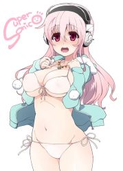 Rule 34 | 1girl, bikini, blush, breasts, character name, cleavage, front-tie top, full-face blush, headphones, jacket, jewelry, large breasts, long hair, looking at viewer, navel, necklace, nitroplus, open clothes, open jacket, pendant, pink eyes, pink hair, side-tie bikini bottom, simple background, smile, solo, suika soda, super sonico, swimsuit, white background, white bikini