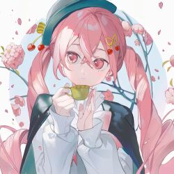 Rule 34 | 1girl, branch, cherry blossoms, cherry hair ornament, cherry hat ornament, closed mouth, commentary, cup, earrings, falling petals, flower, flower earrings, food-themed hair ornament, green hat, green jacket, hair between eyes, hair ornament, hat, hatsune miku, highres, holding, holding cup, jacket, jewelry, long hair, long sleeves, neonneon321, petals, pink eyes, pink hair, sakura miku, sakura miku (rella), shirt, sidelocks, simple background, single earring, solo, symbol-only commentary, teacup, twintails, upper body, vocaloid, white shirt