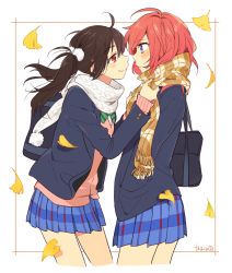 Rule 34 | 10s, 2girls, adjusting scarf, ahoge, autumn, bag, black hair, blazer, blush, border, bow, closed mouth, cowboy shot, face-to-face, falling leaves, from side, hair bobbles, hair ornament, hand in pocket, imminent kiss, jacket, karuha, long hair, long sleeves, love live!, love live! school idol project, miniskirt, multiple girls, nishikino maki, plaid, plaid skirt, pom pom (clothes), purple eyes, red eyes, red hair, scarf, school bag, school uniform, short hair, shoulder bag, signature, skirt, smile, twintails, white background, wind, yazawa nico, yuri