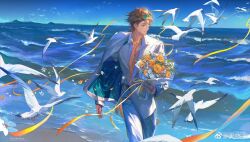 Rule 34 | 1boy, abs, absurdres, animal ears, aqua eyes, arknights, beach, bird, black footwear, blonde hair, blue sky, bouquet, cropped legs, day, dog boy, dog ears, dog tail, ear piercing, eyewear on head, floating clothes, floating hair, flower, formal, highres, holding, holding bouquet, jacket, jewelry, looking to the side, male focus, multiple rings, necklace, ocean, one eye closed, open clothes, open shirt, outdoors, pants, piercing, ribbon, ring, running, seagull, shirt, sky, solo, suit, sunglasses, tail, tequila (arknights), tianxiaoye ansel.s, tinted eyewear, watermark, white flower, white jacket, white pants, white shirt, yellow flower, yellow ribbon