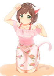Rule 34 | 1girl, alternate costume, animal ears, arms up, barefoot, blouse, blunt bangs, blush, bob cut, brown hair, buttons, casual, cat ears, cat tail, fake animal ears, fake tail, floor, floral print, full body, green eyes, hairband, highres, idolmaster, idolmaster cinderella girls, idolmaster cinderella girls starlight stage, jewelry, long skirt, maekawa miku, naru12, necklace, paw pose, pink shirt, rose print, shadow, shirt, short hair, simple background, skirt, smile, solo, spaghetti strap, squatting, tail, white background, white skirt