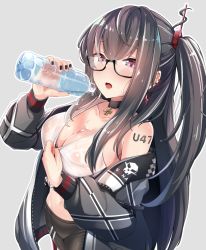 Rule 34 | 1girl, azur lane, baggy clothes, bare shoulders, bike shorts, black-framed eyewear, black jacket, blush, breasts, bust cup, character name, choker, collarbone, commentary request, covered erect nipples, cross, cross choker, crossed bangs, dripping, earrings, hair over shoulder, hayami yoichi, highres, iron cross, jacket, jewelry, long hair, medium breasts, multicolored hair, nail polish, nipples, one side up, pink lips, pouring, see-through, semi-rimless eyewear, shirt, sidelocks, solo, streaked hair, u-47 (azur lane), u-47 (rookie rider) (azur lane), very long hair, water, wet, wet clothes, white shirt