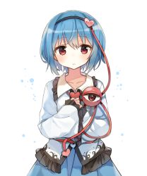 Rule 34 | 1girl, alternate color, bad id, bad pixiv id, blue hair, color switch, cosplay, eyeball, hairband, heart, hinanawi tenshi, hinanawi tenshi (cosplay), komeiji satori, long sleeves, looking at viewer, parted lips, player 2, red eyes, shirt, shnva, short hair, simple background, skirt, solo, string, third eye, touhou, upper body, white background, wide sleeves