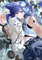 Rule 34 | 1boy, belt, bishounen, blue hair, blue nails, blush, bubble, cat, copyright notice, cup, disposable coffee cup, disposable cup, earphones, earrings, eyelashes, hair between eyes, highres, hitodama, holostars, jewelry, keki chogyegi, long hair, looking at viewer, lying, male focus, minase rio, multicolored hair, nail polish, official art, on side, pants, plant, potted plant, purple eyes, purple hair, selfie, shirt, sleeping, slit pupils, smile, solo, streaked hair, third-party source, virtual youtuber, white cat, wire