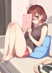Rule 34 | 1girl, 92m, absurdres, ahoge, bare legs, barefoot, black tank top, blurry, blurry foreground, blush, breasts, brown hair, controller, couch, cushion, dolphin shorts, feet, feet on chair, from side, full body, game controller, glasses, highres, indoors, ipad, kinshi no ane (92m), large breasts, leaning back, legs, legs folded, midriff, midriff peek, original, pillow, playstation controller, red-framed eyewear, red eyes, red shorts, short hair, short shorts, shorts, sitting, solo, sweatdrop, tablet pc, tank top, toes
