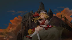 Rule 34 | 1girl, absurdres, blonde hair, bloomers, closed mouth, cloud, cloudy sky, collared shirt, evening, fence, fire, flandre scarlet, foot out of frame, frilled shirt collar, frilled sleeves, frills, hat, hat ribbon, highres, kneehighs, mob cap, mushoku, outdoors, pointy ears, puffy short sleeves, puffy sleeves, red eyes, red footwear, red skirt, red vest, ribbon, shirt, shoes, short sleeves, skirt, skirt set, sky, socks, solo, sunset, touhou, twilight, underwear, vest, white bloomers, white hat, white shirt, white socks, wings
