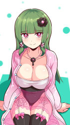 Rule 34 | 1girl, beatus creation, black leotard, black thighhighs, blunt bangs, bow legwear, breasts, cleavage, closed mouth, commentary, cougar (cougar1404), dress, garter straps, green hair, hair ornament, hair tubes, jewelry, large breasts, leotard, light blush, long hair, long sleeves, looking at viewer, luifon (beatus creation), necklace, pink dress, purple eyes, see-through, sitting, smile, solo, thigh gap, thighhighs
