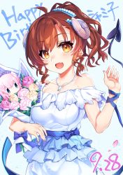 Rule 34 | 1girl, :d, alternate hairstyle, bad id, bad twitter id, blue background, bouquet, breasts, character doll, chiyoda momo, curled horns, dated, demon girl, demon horns, demon tail, dress, fang, flower, hand up, happy birthday, highres, holding, holding bouquet, horns, jewelry, looking at viewer, machikado mazoku, medium breasts, narumiya (empty cafe), necklace, open mouth, orange eyes, pink flower, pink rose, ponytail, red hair, rose, short hair, skin fang, smile, solo, tail, white dress, yellow flower, yellow rose, yoshida yuuko (machikado mazoku)