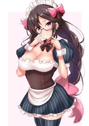 Rule 34 | 1girl, apron, bad id, bad twitter id, blush, border, bow, braid, breasts, brown hair, cleavage, corset, dress, earrings, fate/grand order, fate (series), fingers to cheeks, grey dress, grey thighhighs, hair bow, hands up, highres, jewelry, large breasts, long hair, looking at viewer, maid headdress, multiple earrings, non-web source, pink background, pink bow, pink eyes, puffy short sleeves, puffy sleeves, ribbed dress, ribbed legwear, sankakusui, short sleeves, single braid, smile, solo, thighhighs, thighs, underbust, very long hair, waist apron, white apron, white border, yu mei-ren (fate), yu mei-ren (first ascension) (fate)