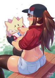 Rule 34 | 1girl, 2017, ass, baseball cap, bench, bestiality, black thighhighs, blush, breast sucking, breasts, breasts out, brown hair, creatures (company), dated, female protagonist (pokemon go), fingerless gloves, game freak, gen 2 pokemon, gloves, green eyes, hat, large breasts, long hair, midriff, nintendo, open mouth, pokemon, pokemon (creature), pokemon go, pokephilia, ponytail, short shorts, shorts, sitting, thighhighs, togepi, zheng